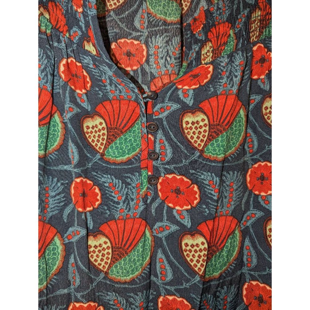 Women's Anthropologie Maeve XL Letitia Smocked Blouse Teal Poppy Babydoll Shirt - Picture 4 of 11